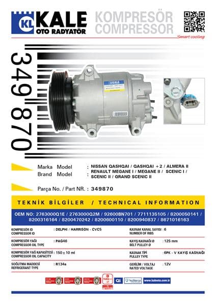 KLIMA KOMPRESORU QASHQAI 1,5 DCI 2007> ALMERA 2003> MEGANE III 1,4 16V 1,6 16V MEGANE II SCENIC II G